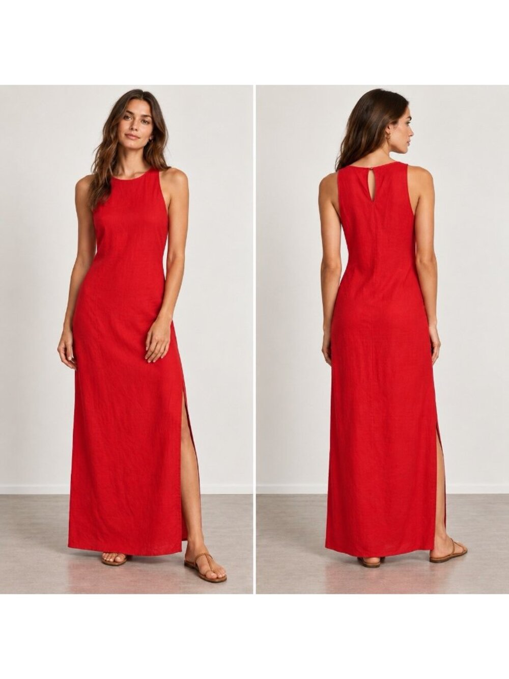Massimo Dutti Size XS Red Sleeveless Linen Maxi Dress Side Slit Keyhole Classic